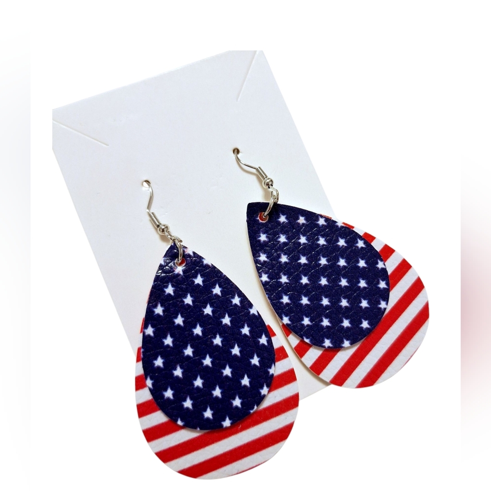Women's Flag Red, White, & Blue Faux Leather Earrings - Picture 2 of 3